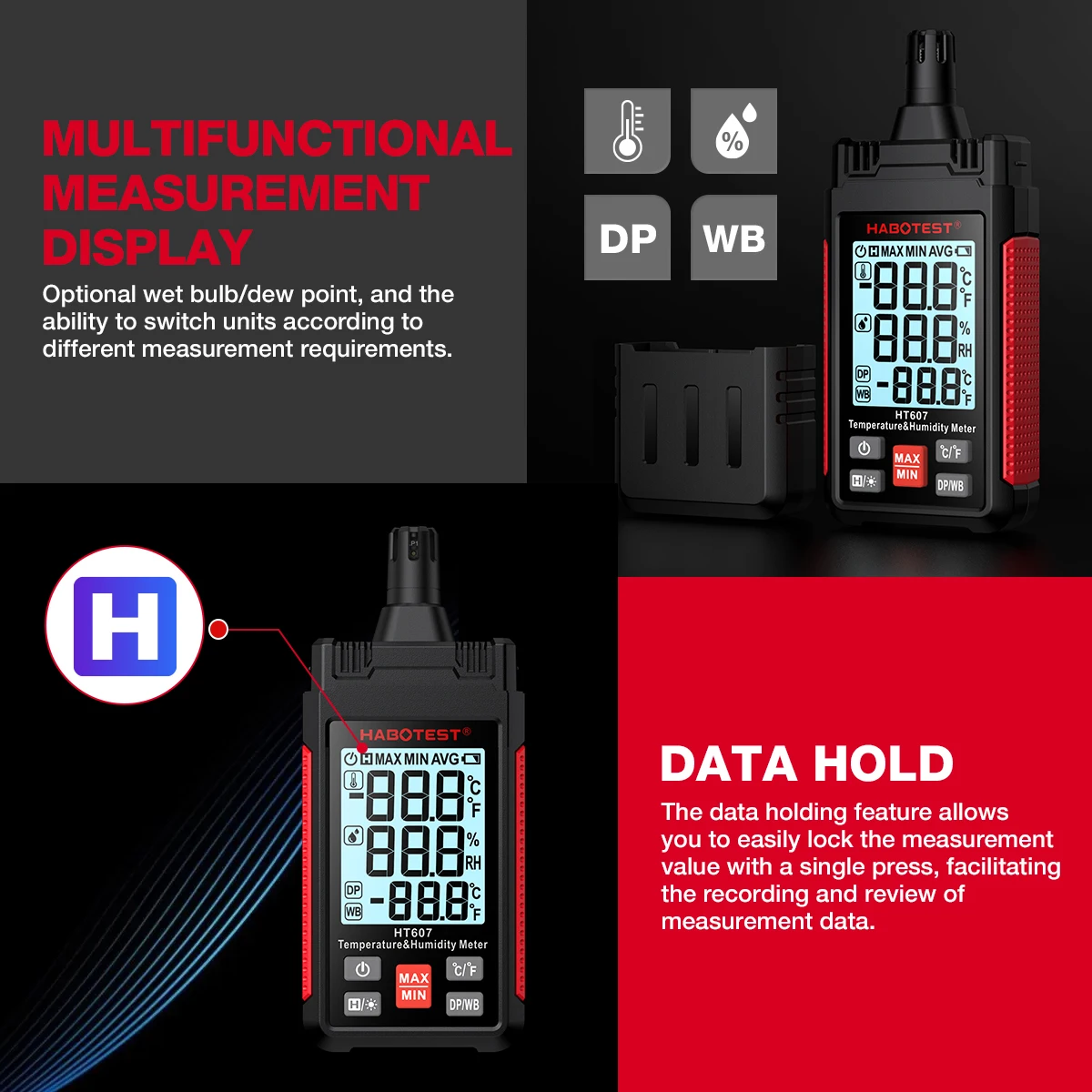 HABOTEST HT607 Digital Temperature Humidity Meter Professional Laboratory Thermo-Hygrometer Farm Plastic Shed Moisture Meter