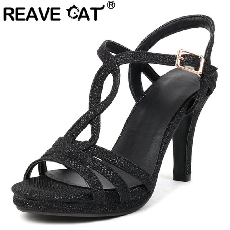 REAVE CAT Women Platform Sandals Peep Toe High Heels Sequined Cloth Crossed Straps 32-46 Gold Summer S3332