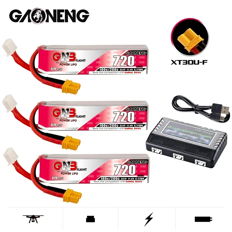 

Комплект зарядных устройств GAONENG GNB 720 мАч 3S 100C/200C 11,4 V HV XT30U-F Plug Lipo для радиоуправляемого дрона Tinywhoop FPV Frame Kit Racing Drone