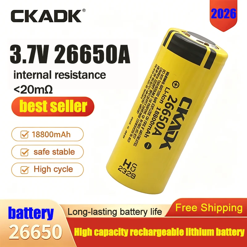 New Original 26650 3.7V 18800mAh Rechargeable Battery for Flashlight High Performance 26650A for LED Flashlight Headlamp Torch