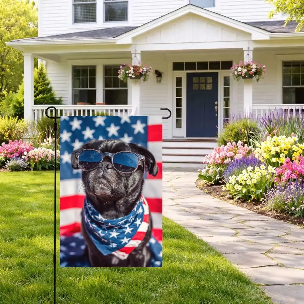 Patriotic 4th of July Black Pug Garden Flag 12x18 Inch Double Sided Outdoor Summer Yard Flag for Independence Day Memorial V yyi