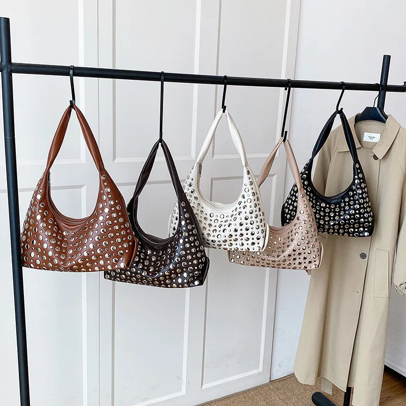 Fashionable Personalized Rivet Shoulder Bag Women American Style Trend PU Leather Underarm Bag 2026 New Leisure Commuter Handbag