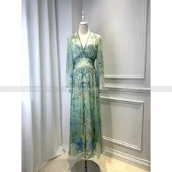 Australian niche noblewoman silk V-neck printed diamonds holiday style fairy dress ethnic style dresses