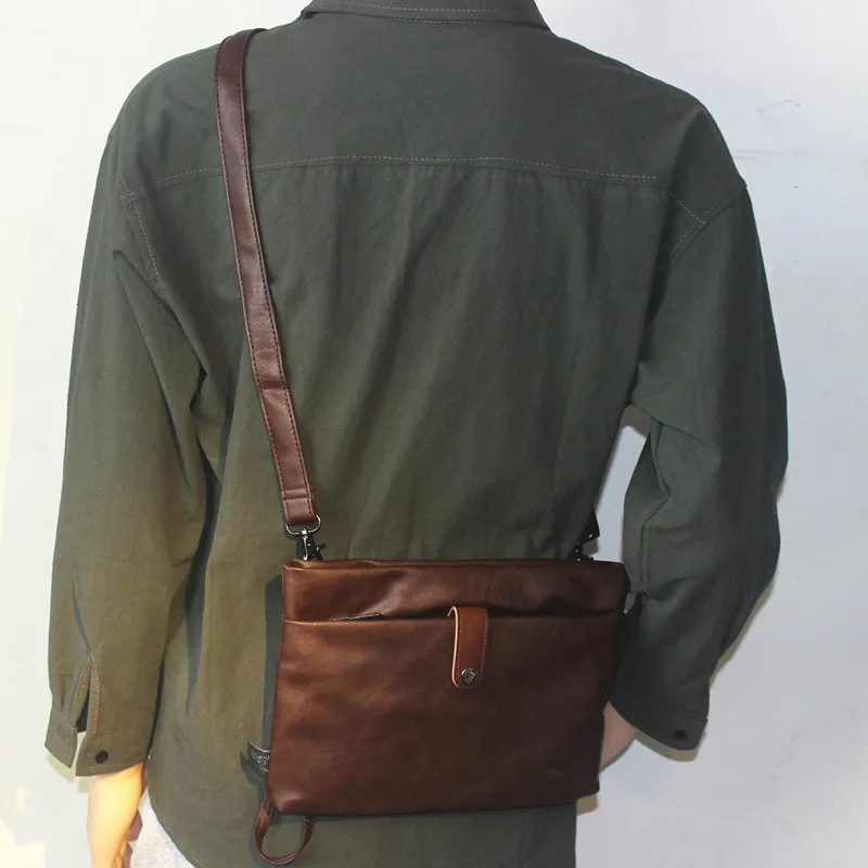 Bolso de hombro Vintage para hombre, bandolera de cuero suave con cremallera, bolso cruzado de gran capacidad