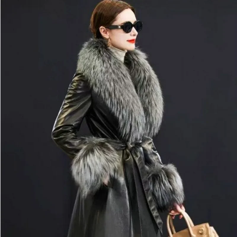 2023New Thickened Leather Coat Fur Collar Long Cotton Coat  Large Size Imitation Fox Hair Fashion High Grade Casual Leather Coat