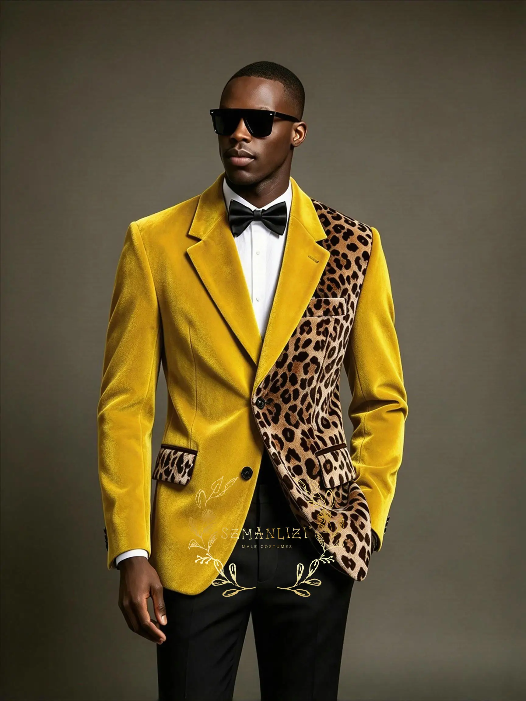 Leopard Yellow Velvet Men's Suit 2 Pieces Blazer Pants Notched Lapel Business Slim Fit Formal Wedding Groom Tuxedo Costume Homme