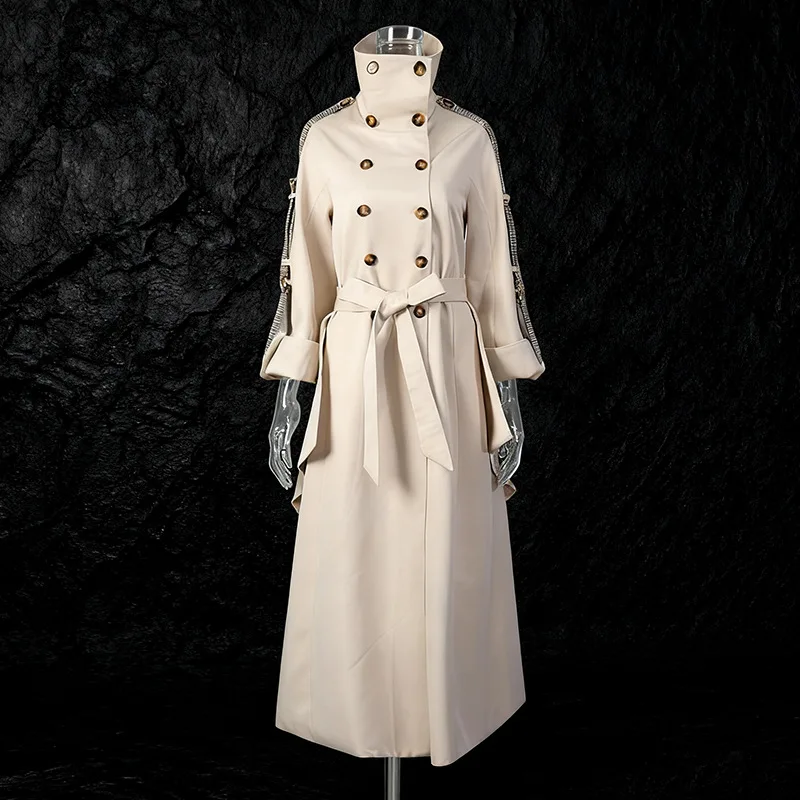 

SuperAen England-style Stand Collar Design Coat 2025 Autumn New Fashion Double-breasted Lace-up Waist Asymmetrical Long Jackets