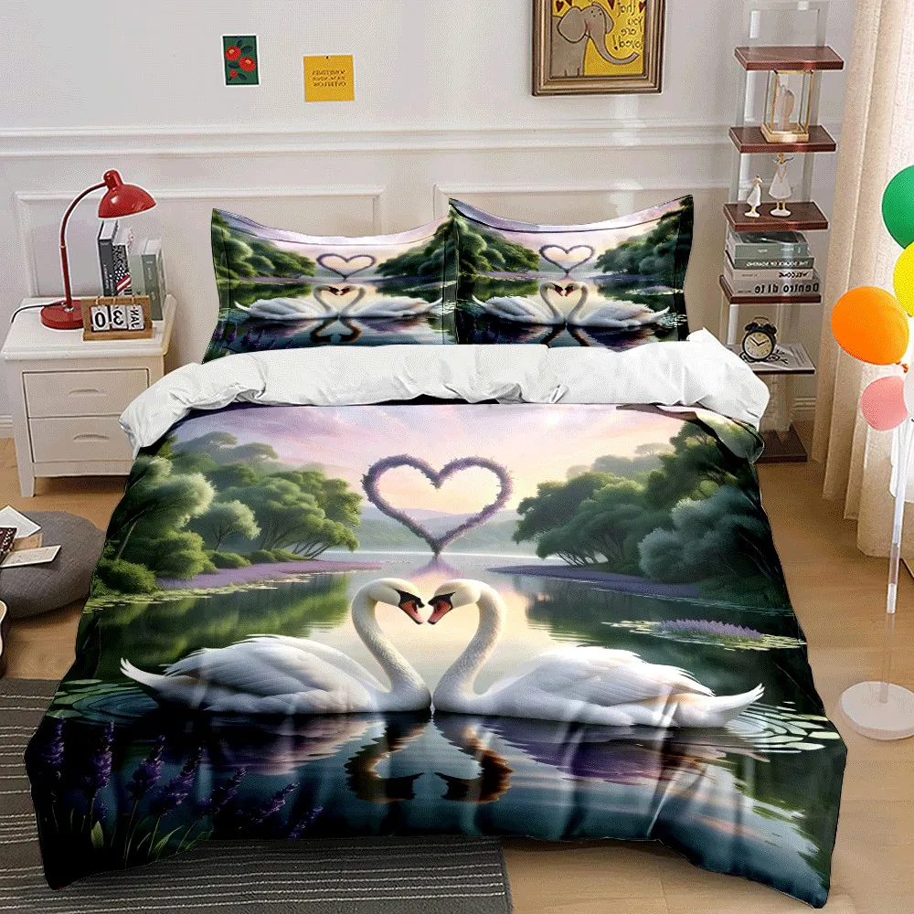 Romantic Swan Lake Wedding Set Exquisite three-piece bedding set gift for kids and adults