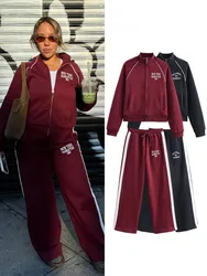 HH Women's Pant 2-Piece Set Female Fashion Versatile Printed Velvet Zip Jacket+Commuting Elastic Waist Belted Casual Pants