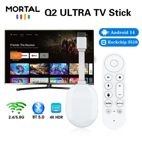 Q2 Ultra Android 14 TV Stick 4K Ultra HD Dual Band WiFi 2.4G/5G Bluetooth 5.0 Quad Core Smart Media Player Dongle