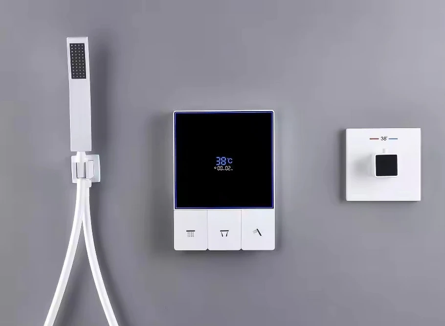 Newest White Solid Brass 3 Way  Concealed Thermostatic  Shower Diverter Mixing Valve with Smart Digital Temperature LED Display