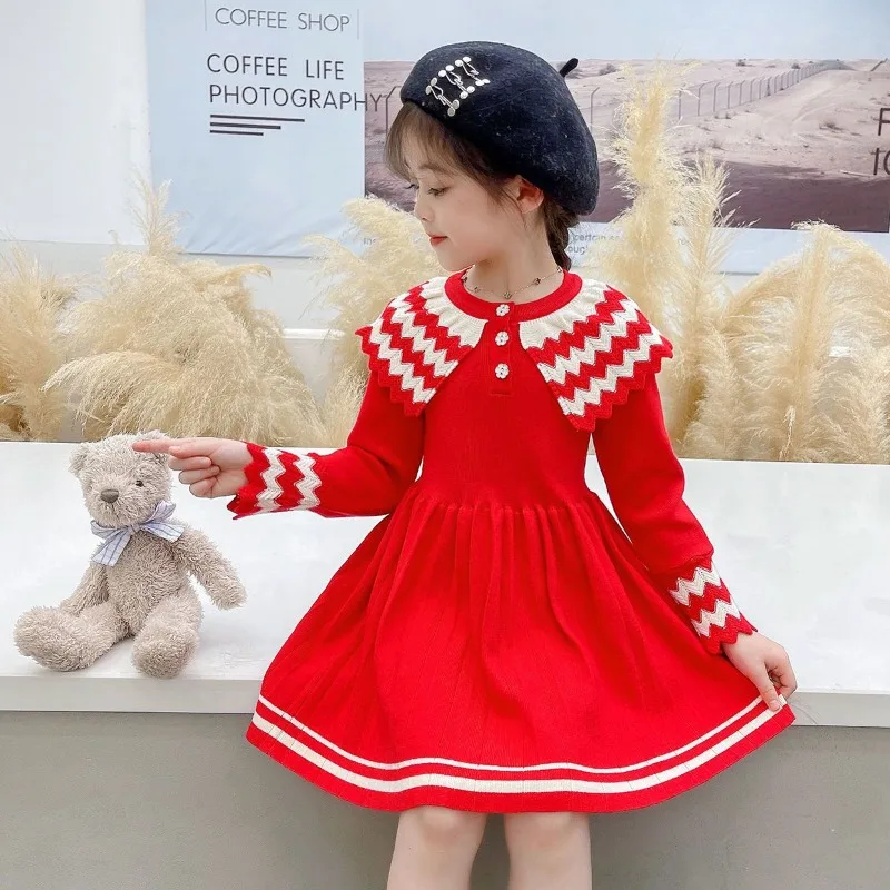 

Осень 2024, новое вязаное платье-свитер для девочек, корейский стиль, детское платье принцессы для малышей, хлопковая теплая детская праздничная одежда