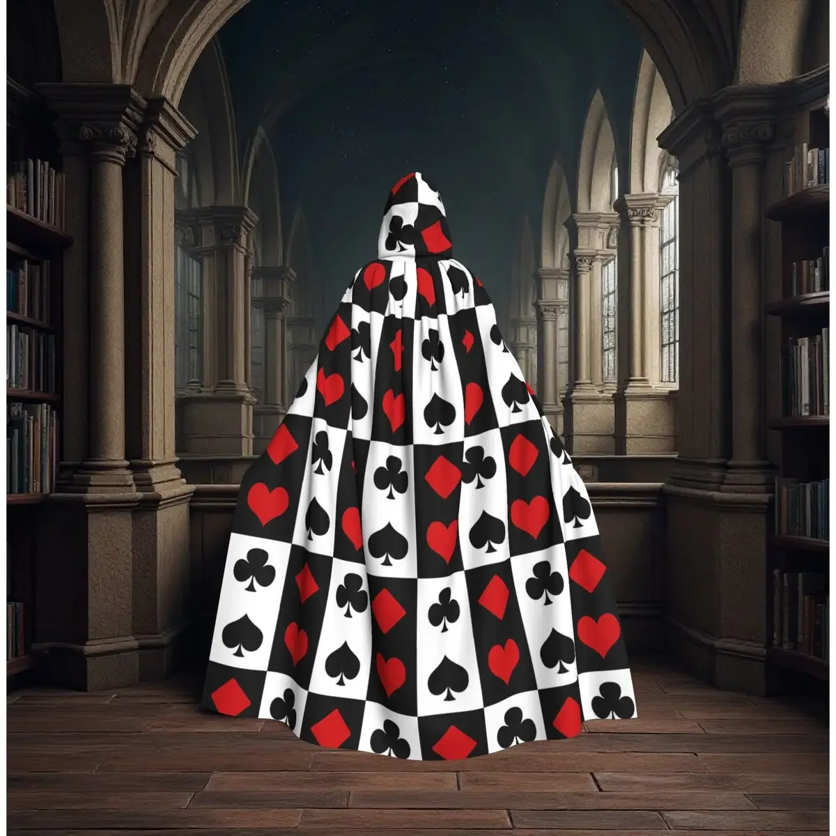 Customization Playing Card Long Hooded Cloak Witch Medieval Costume Cosplay Cape HalloweenCoat Adult Unisex