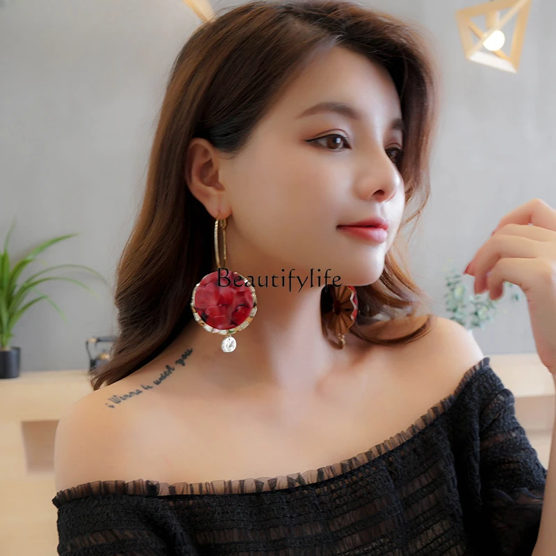 Wine Red European and American Fashion Personality Grandeur 925 Silver Pin Earrings Earrings