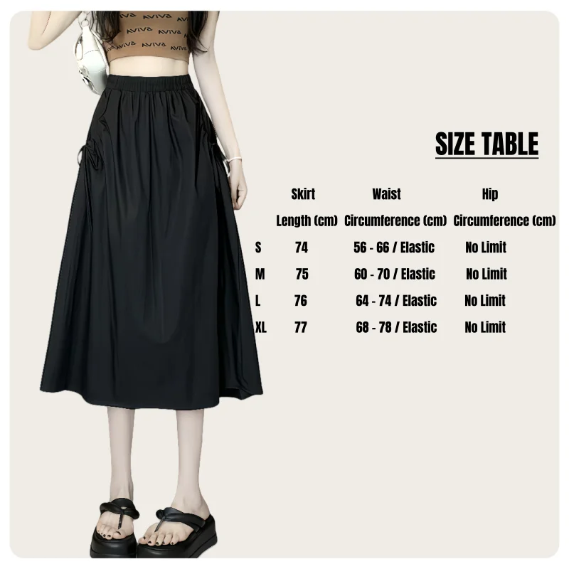 Spring and Autumn Women's Black Olive Green Khaki Solid Color A-Line High-Waisted Drawstring Mid-Length Workwear Skirt