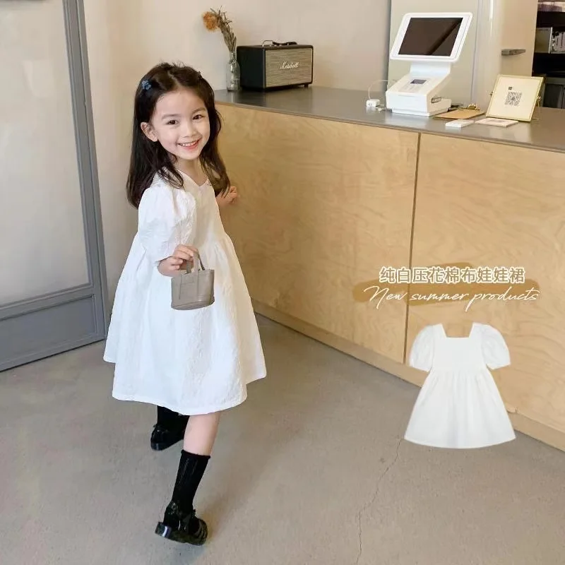 

New Girl's Temperament Style French Dress For Summer New Children's Korean Version Square Neck White Long Skirt