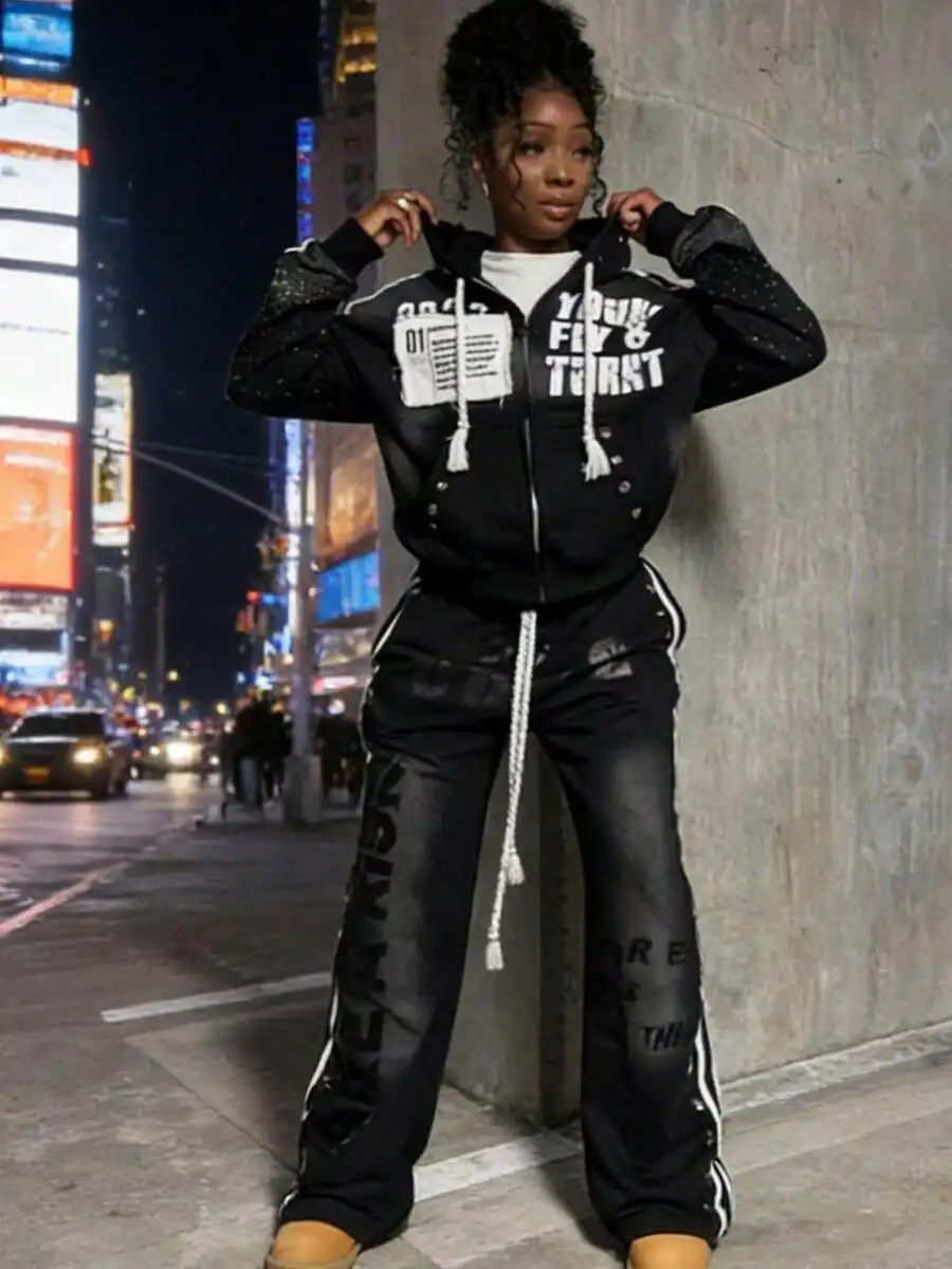 

Women Hip Hop Two Piece Set Loose Hooded Sweatshirt And Wide Leg Pants Streetwear Outfit