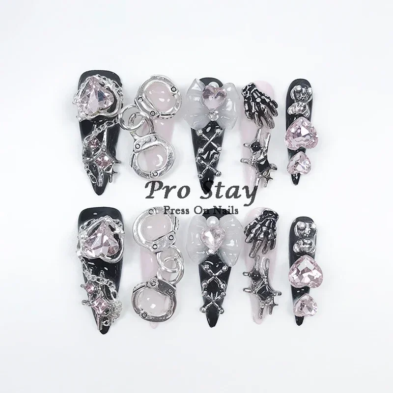 10 Uñas Postizas Hechas a Mano Negras Y2K, Decoración de Diamantes y Metal, Frescas y Geniales 2