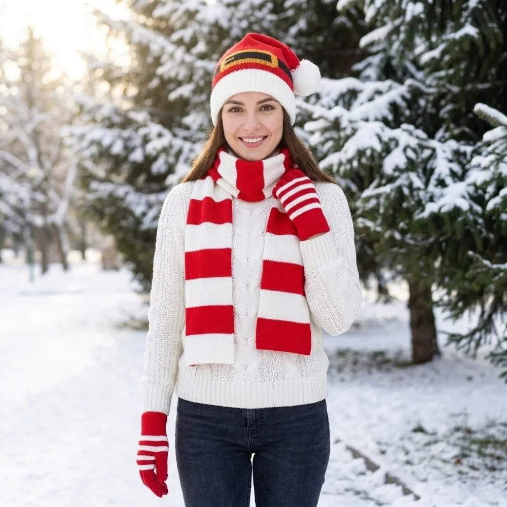 Thermal Yarn Christmas Hat Scarf Striped Pattern Plush Pom Xmas Beanie Acrylic Fibers Elastic Fit Knitted Holiday Scarf