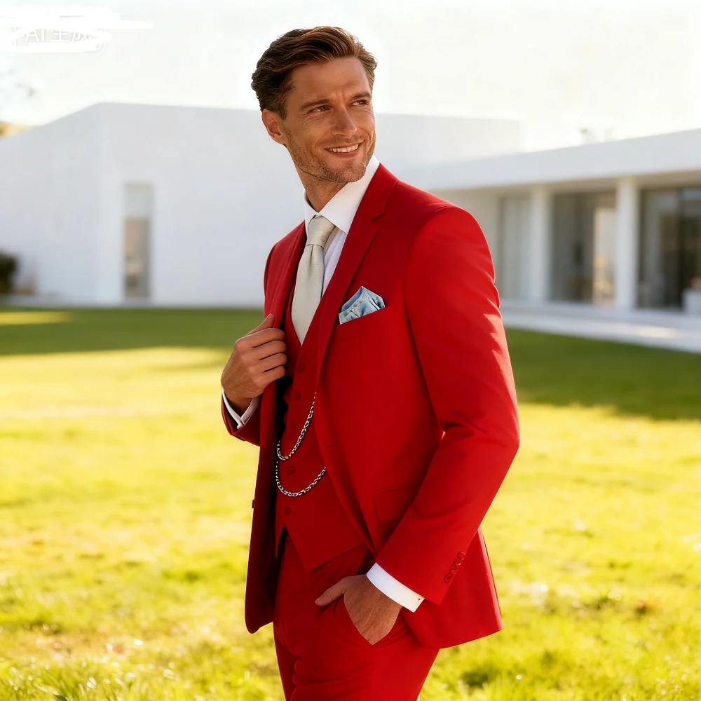 

Men's Unique Slim Fit Wedding Dress Vest Blue Sky Suit Jacket with Lapel Pants And Waistcoat Elegant 3-Piece Groomsmen Attire