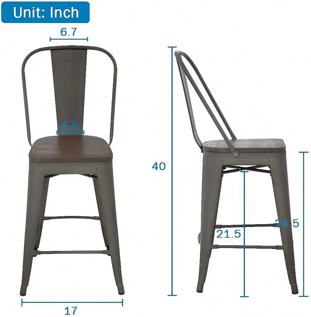 24 Inch Bronze Metal Bar Stools Indoor-Outdoor Counter Height Stools Wood Seat and High Backrest, Industrial Modern Bar Chairs