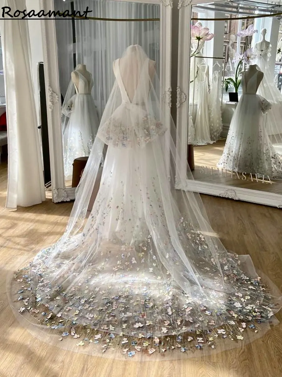 Vestidos de novia de encaje Floral 3D sin mangas con cuello en V, imagen Real, línea A, Espalda descubierta, volantes, vestidos de novia bohemios