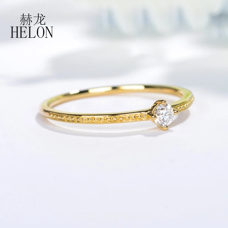 HELON HELON Solid 14K AU585 Yellow Gold Round 0.10ct Natural Diamonds Engagement Ring Women Wedding Band Anniversary Bridal Gift