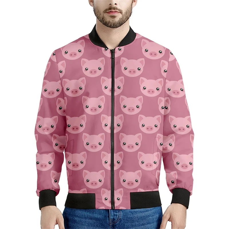 New Funny Animal Pattern Print Zipper Coat 2024 Fashion Kawaii Pig 3D Printing Stand Collar Bomber Jackets Street Oversized Tops