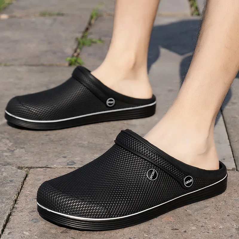 Large Size Men's Sandals Anti-Slip Summer Outdoor Thick Bottom Chef Two-Way Wear Head Cover Slippers Trendy Casual Slip-On Shoes