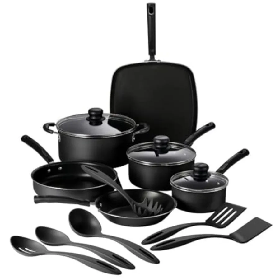 

Kitchen cookware set: aluminum nonstick pots and pans with lids and utensils, black, scratch-resistant coating for even heating