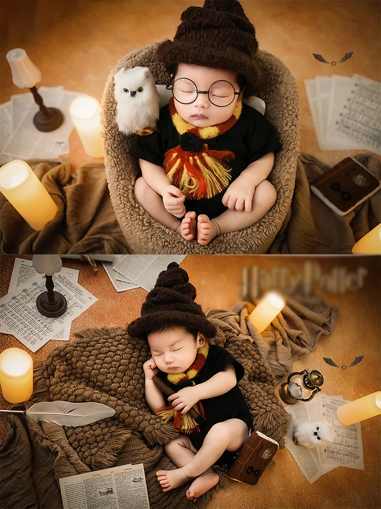 Newborn Photography Props Magic Academy Theme Wizard Hat+Scarf Book Owl Plush Magic Wand for Baby Photo Studio Shoot Accessories