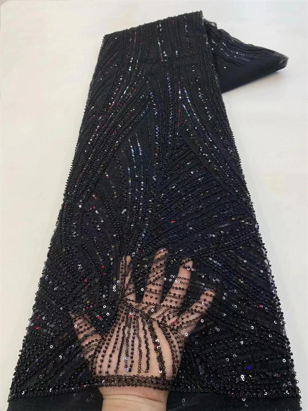 

Black African Lace Fabric 2024 High Quality 5 Yards Embroidery sequin beaeds Lace Fabric For Nigerian faric Dress Party Women