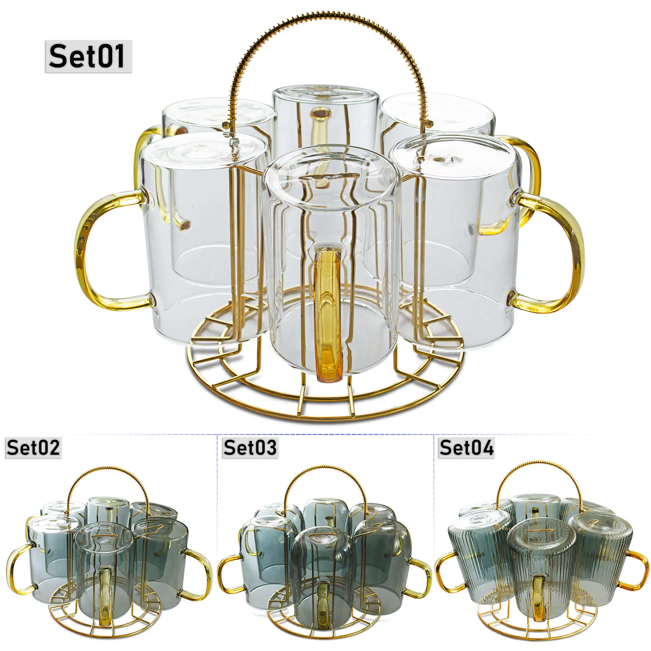 7 in 1 Set - 1pc 6 Grids Drying Rack Metal Golden Mug Round Holder + 6pcs Heat Resistant Glass Tea Cup Water Coffee Mugs