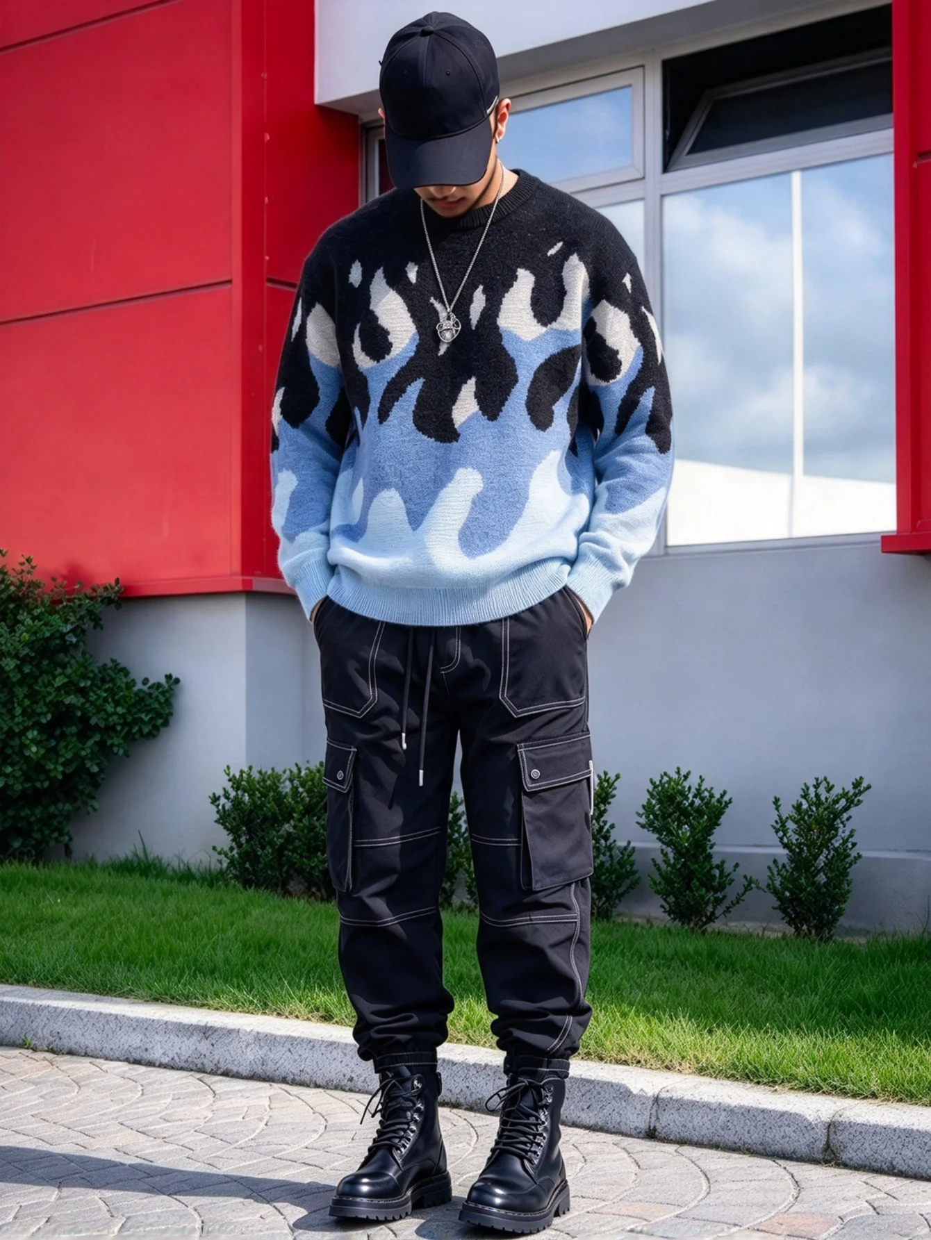 Men Y2K Fire Pattern Jacquard Sweater Round Neck Long Sleeve Loose Pullover Streetwear Hip Hop Color Block Knit Jumper Casual
