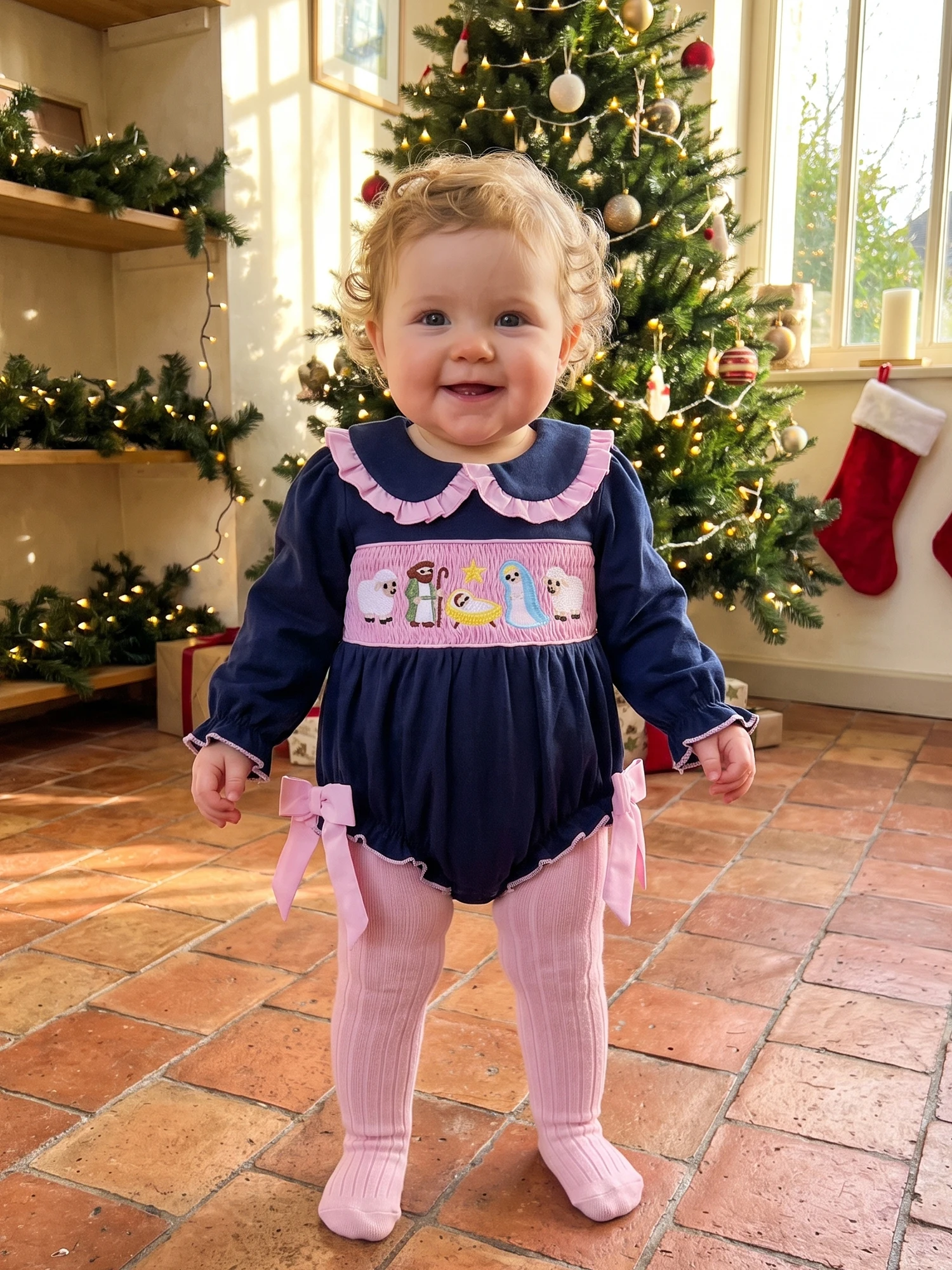 Long Sleeve Doll Collar Collar Smocked Jumpsuit Collar-Smocked Romper-Long-Sleeve Christmas Romper Long Girl Christmas Romper