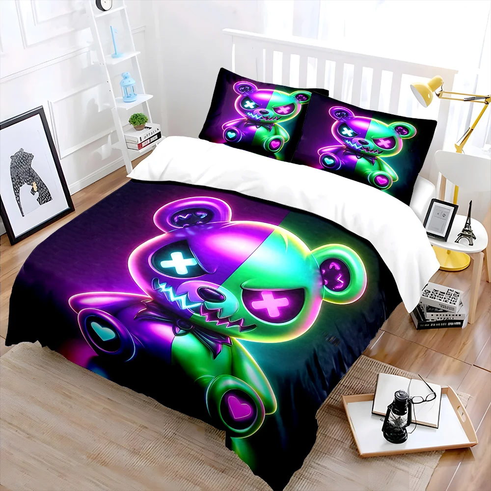 Neon Split Color Teddy Bear Bedding Set for Kids Luxury Gift 3pcs Digital Print Comforter Set Soft Comfortable Breathable