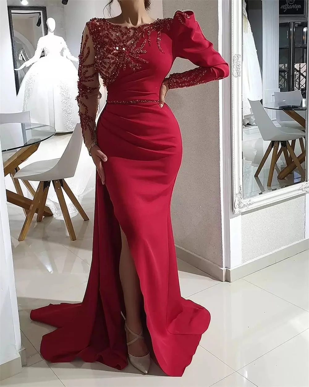 

Роскошные вечерние платья русалки в арабском стиле Aso Ebi Durgundy 2022, платье для выпускного вечера с длинными рукавами и кристаллами, официальная вечеринка فساتين السهرة