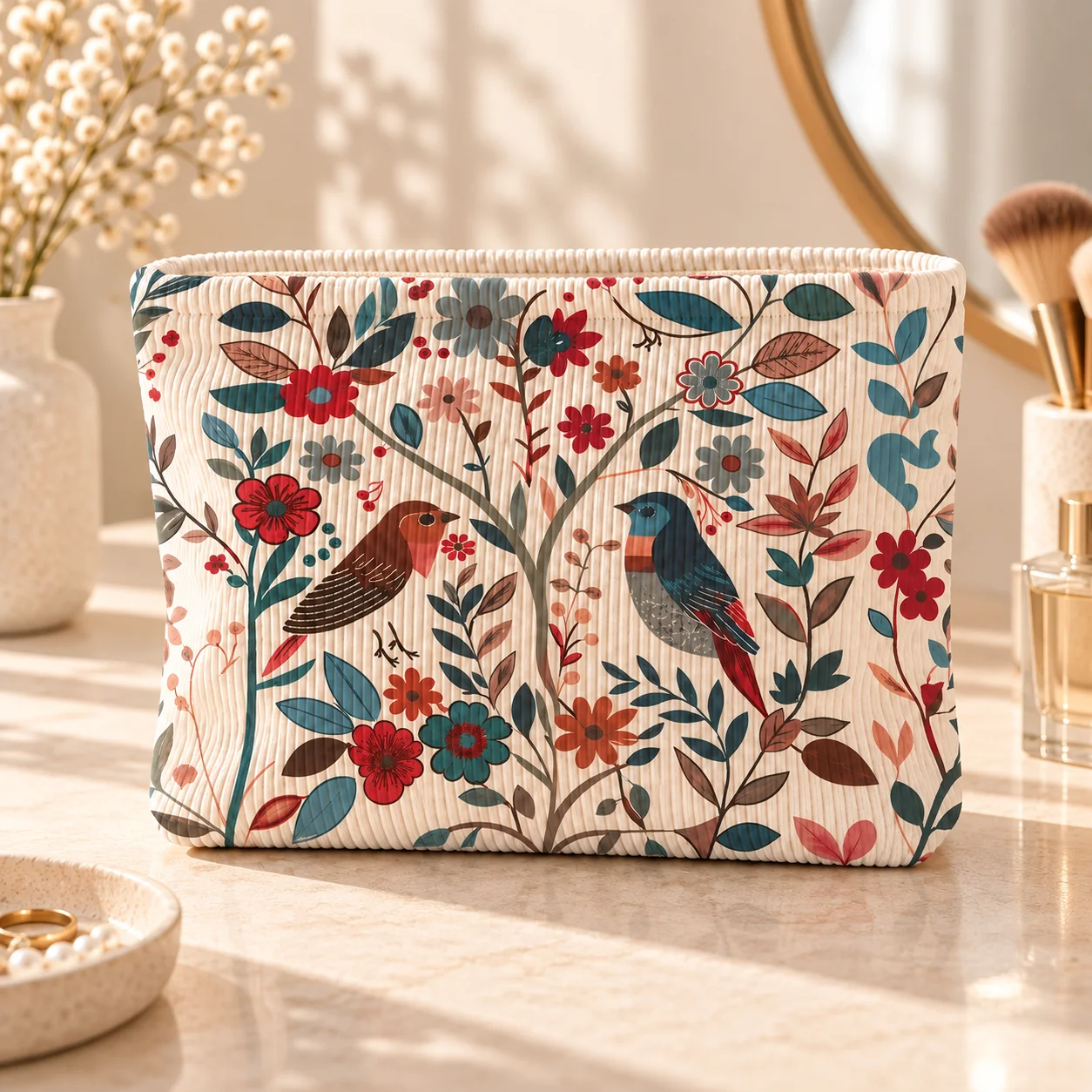 Cosmetic Bag Printed Floral Bird Corduroy Pouch Travel Toiletry Organizer Women Makeup Storage Bag Portable Cosmetic Case