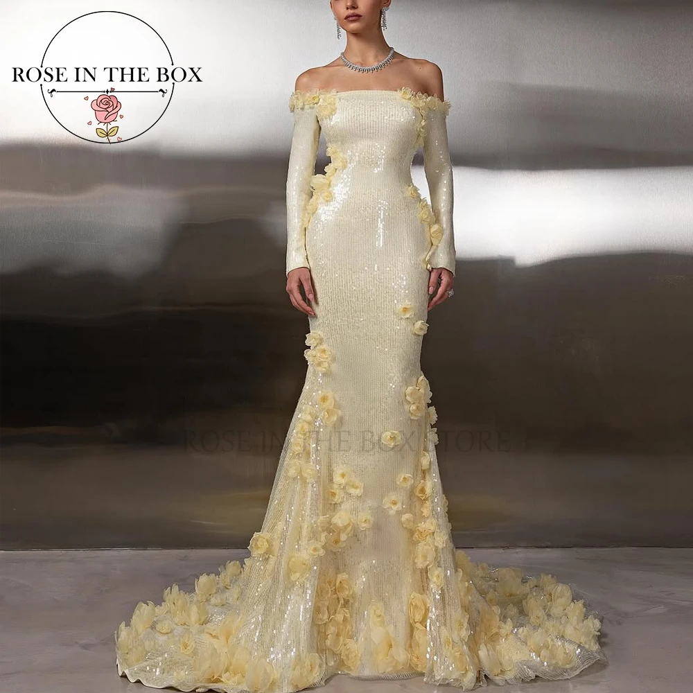 ROSEINTHEBOX Vestido de noche de sirena con hombros descubiertos y lentejuelas color champán glamoroso personalizado con apliques florales en 3D y mangas largas