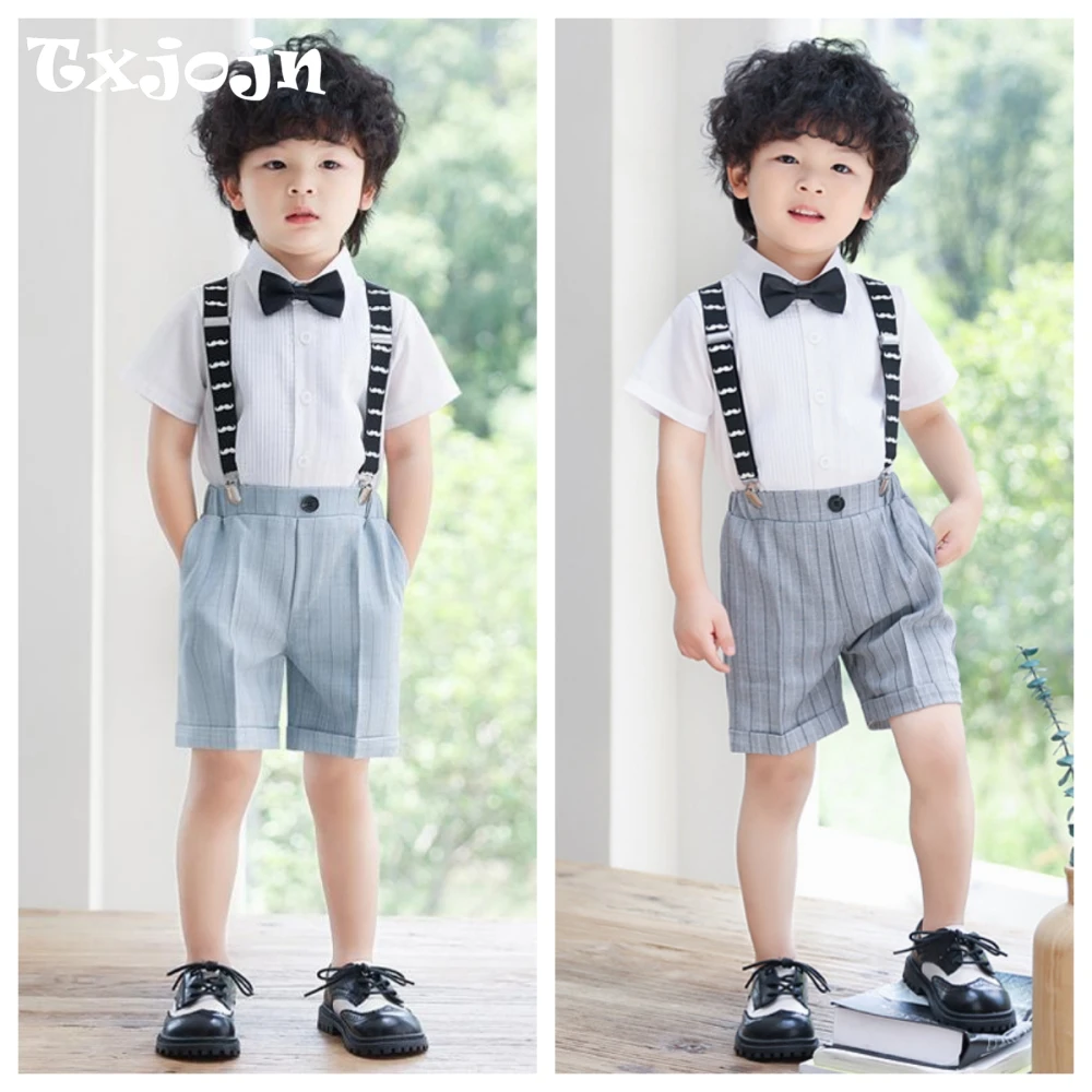 

Txjojn Striped Jumpsuit Sets 4 Pieces Shirt Short Pants With Straps Bow-tie For Kindergarten Performance Fast Ship Overalls