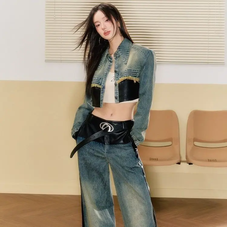 Stylish New Autumn Winter Trendy Patchwork Denim Set Featuring Cropped Top And Loose Wide-leg Jeans For Women Retro view 4