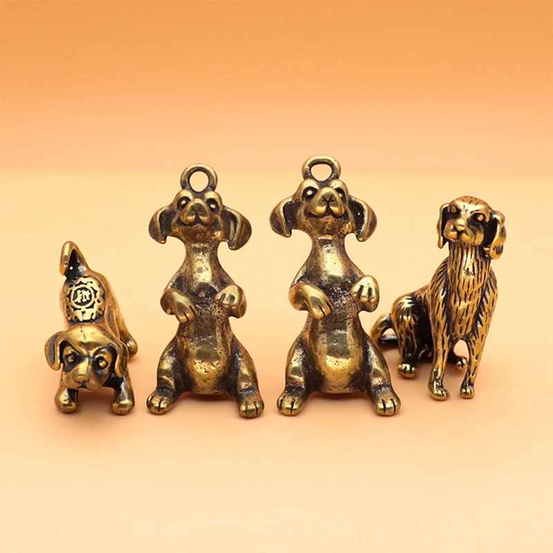 Solid Brass Lucky Puppy Keychain Pendant Figurines Miniatures Desktop Ornament Room Decoration Accessories Retro Dog Tea Pet