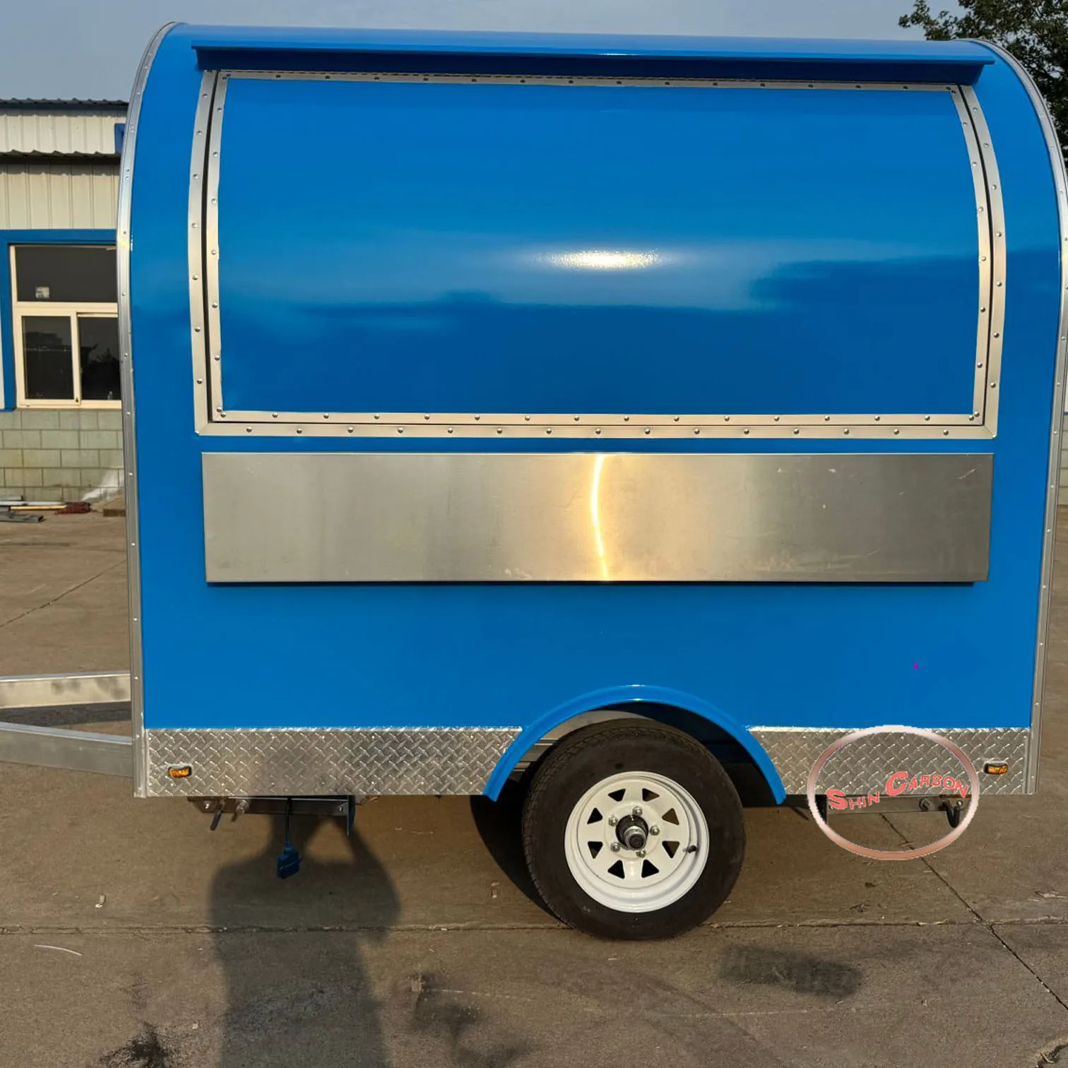 

Outdoor Food Trailer Bright Vivid Blue Main Body with Silver Components Food Truck Catering Stall