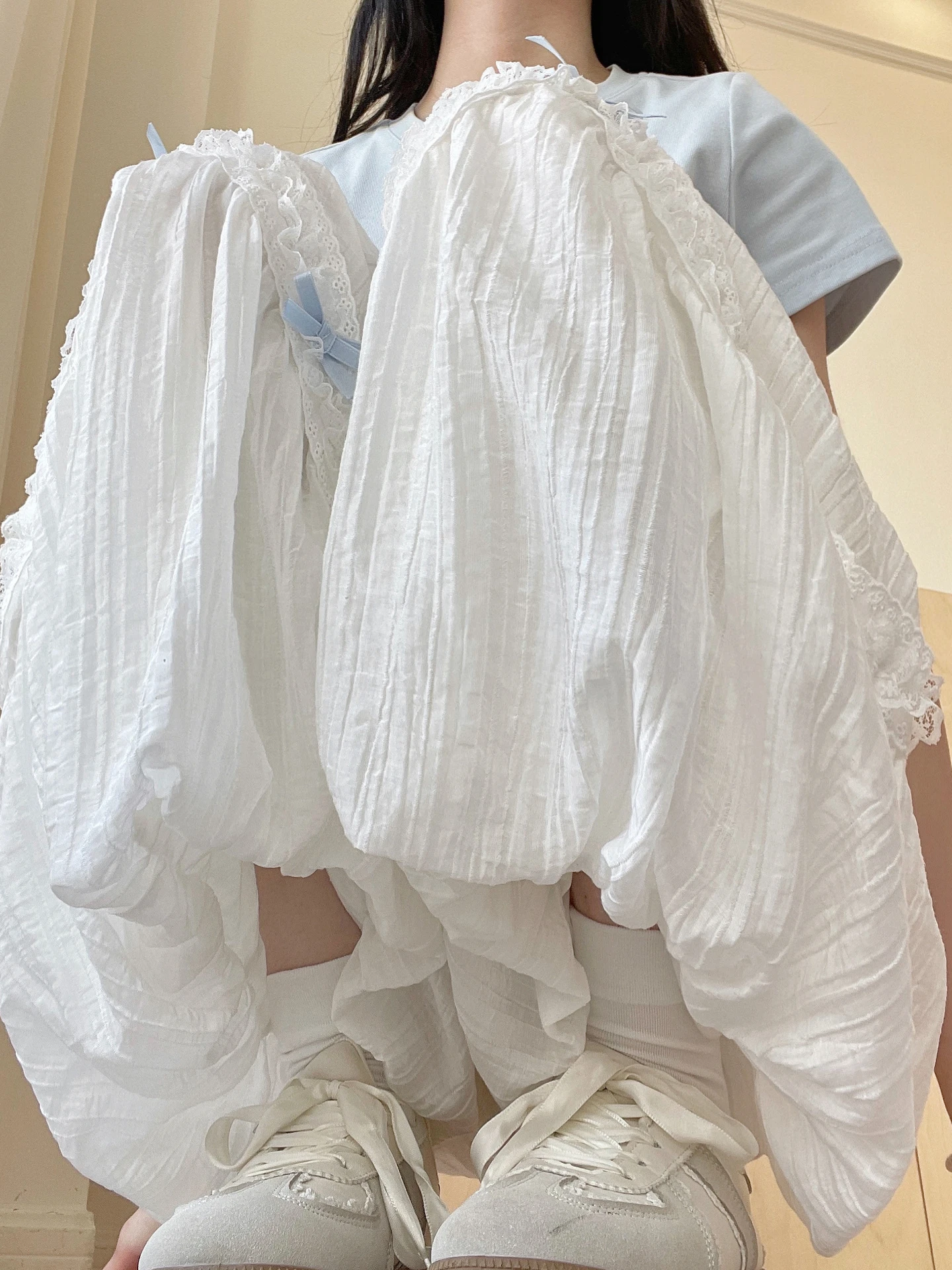 Sweet High Waist Wide Leg Pants Women's New Lace Design Loose Meat Covering Flower Bud Long Pants Summer Casual Trousers