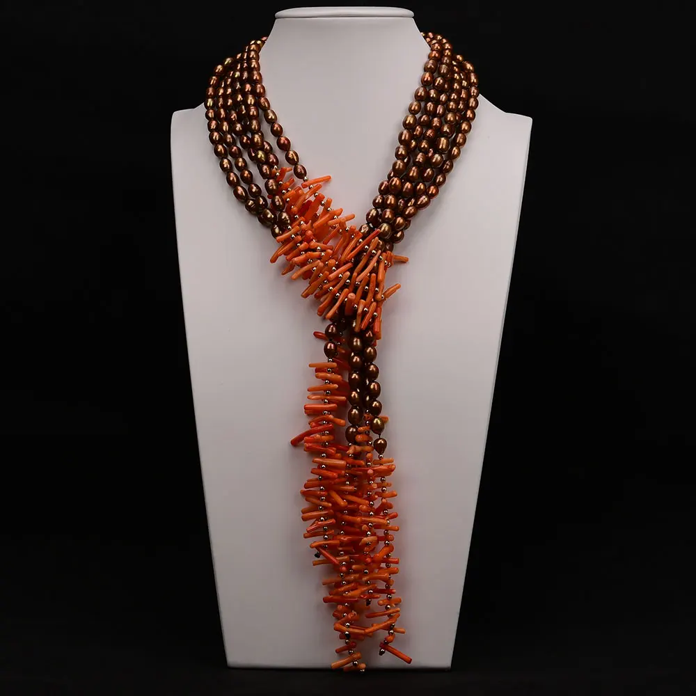 G-G 53'' 3 Rows Natural Coffee Rice Pearl Orange Coral Branch Long Necklace For Women