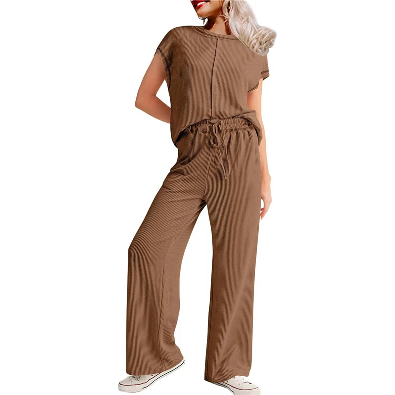 بلوزة CYL-Women's مكونة من قطعتين كاجوال مضلعة بأكمام قصيرة، سراويل واسعة الساق، ملابس منزلية، ملابس رياضية للسفر #1