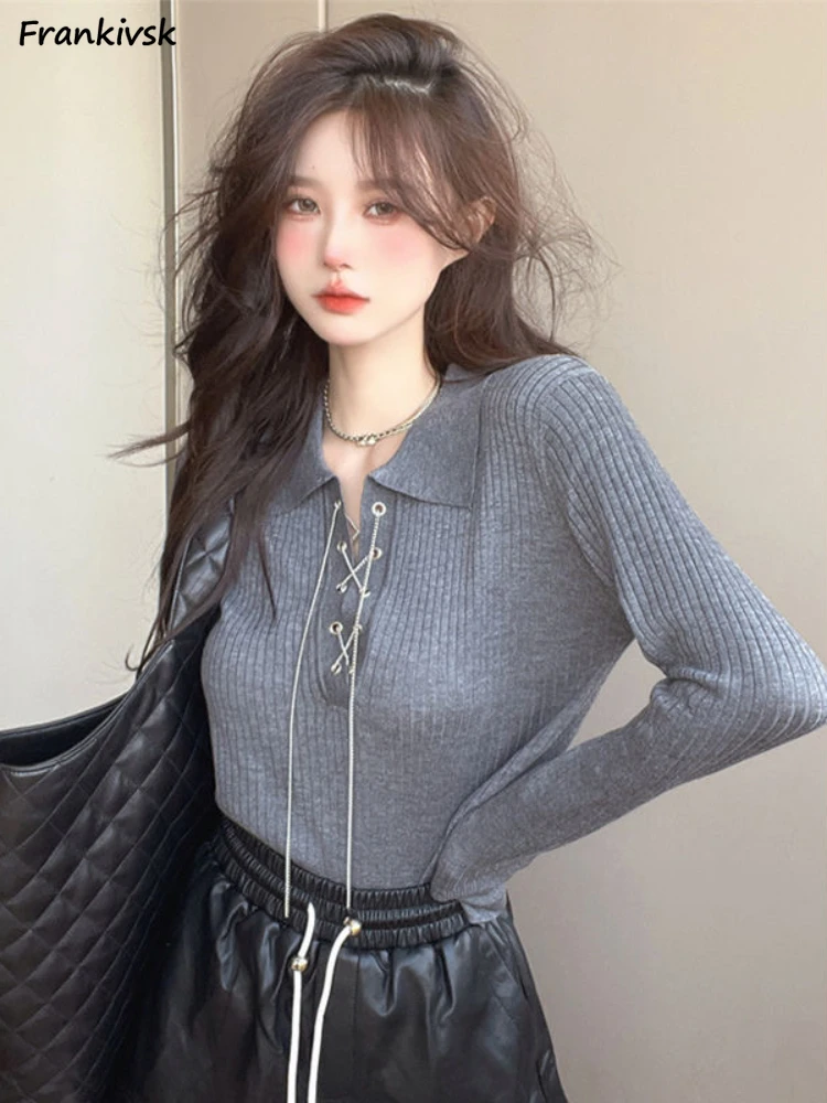 Turn-down Collar Sweaters Women Chain Spring Autumn Pure Color Simple High Street Slim Stylish Youthful Vitality Minimalist Ins