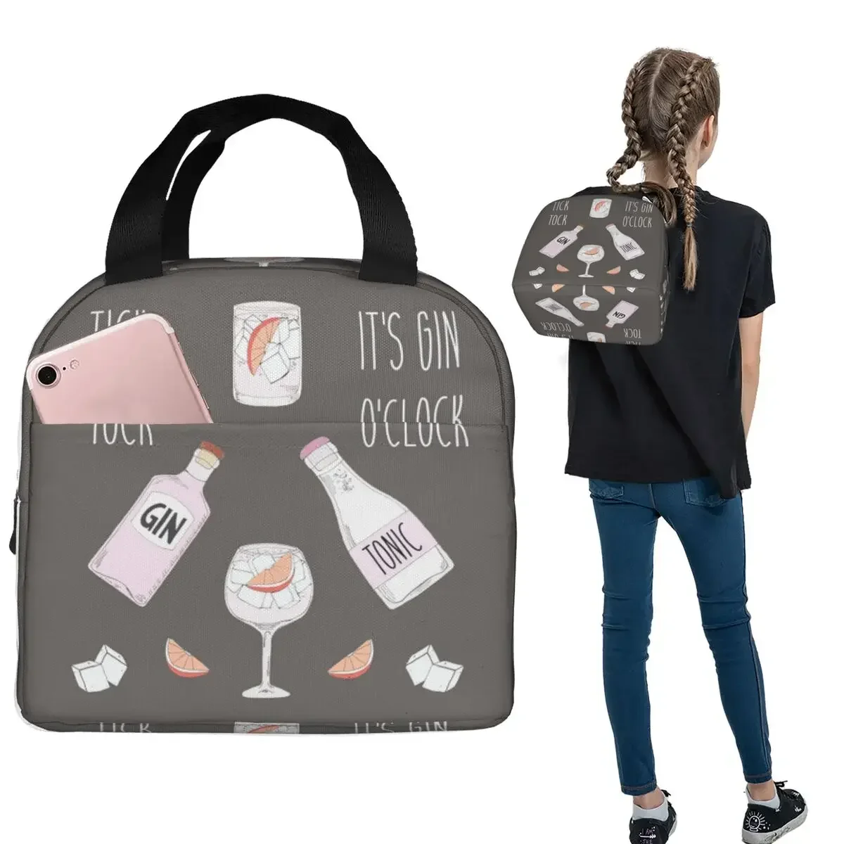 Gin O'clock Gin Lover Gi Insulated Lunch Bag for Women Kids Portable Food Boxes Thermal Lunch Box Tote