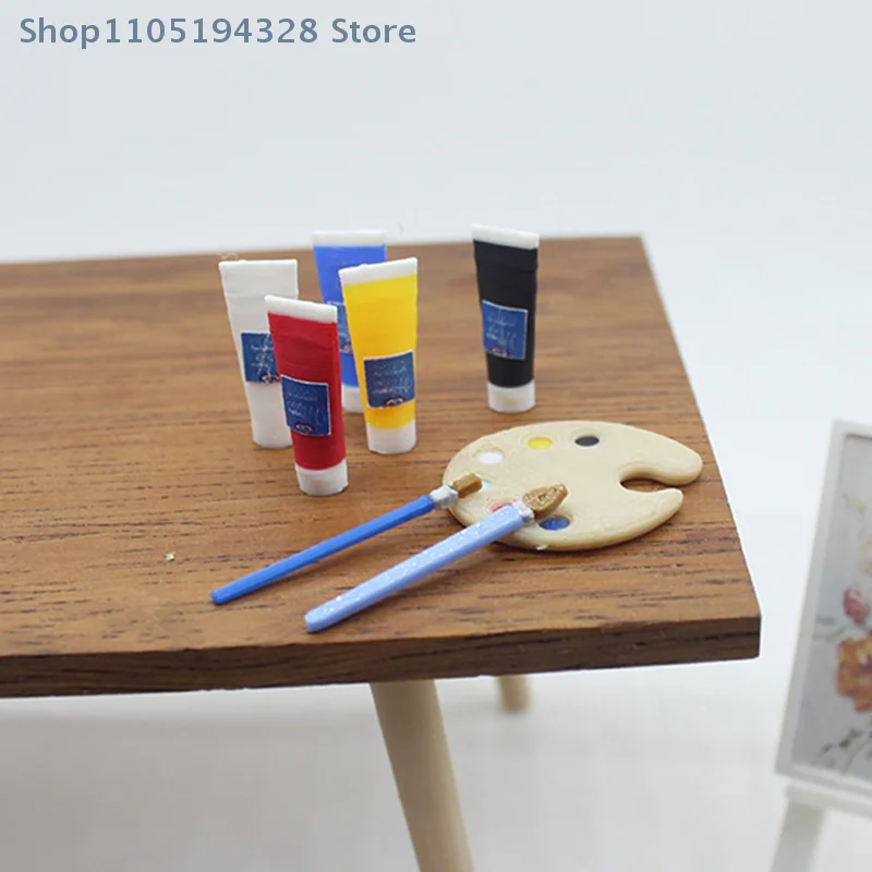 [YA]1/12 Dollhouse Mini Pigment Tube Paint Brush Palette Model Dollhouse Draw Room Art Supplies Decor Dolls House Accessories