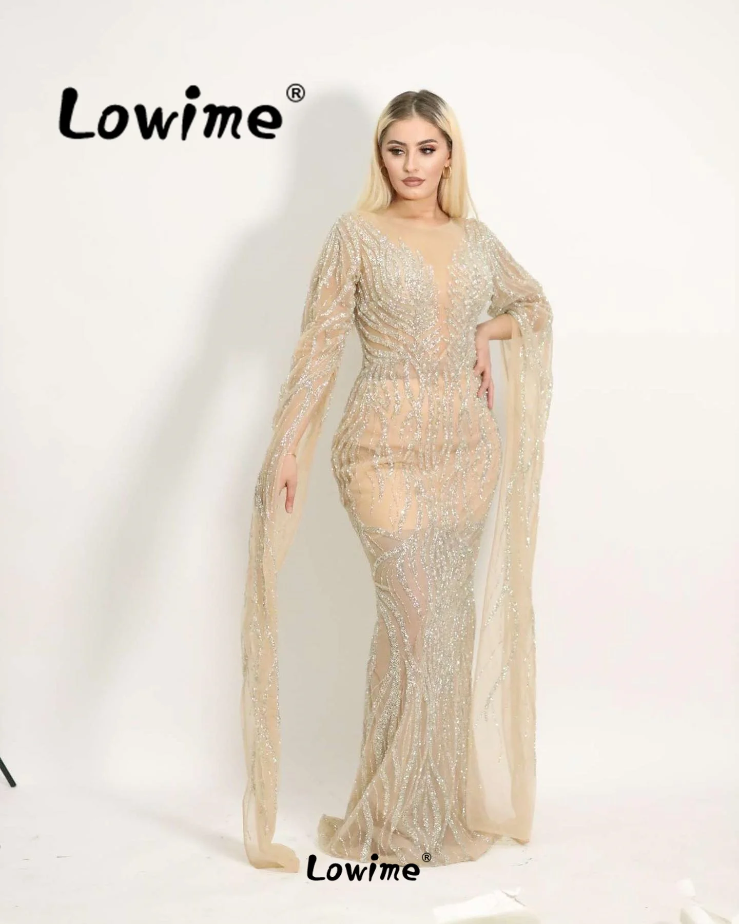 Elegant Glitter Champagne Evening Dress Vestidos De Fiesta Long Cape Sleeve Celebrity Dress Middle East Women Arabic Dubai Gowns